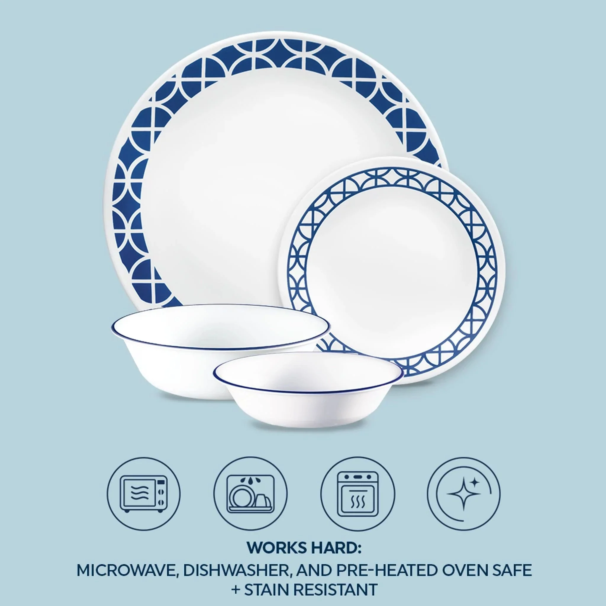 Corelle® Cobalt Circles 16-piece Mugless Dinnerware Set, Service for 4 - Image 5