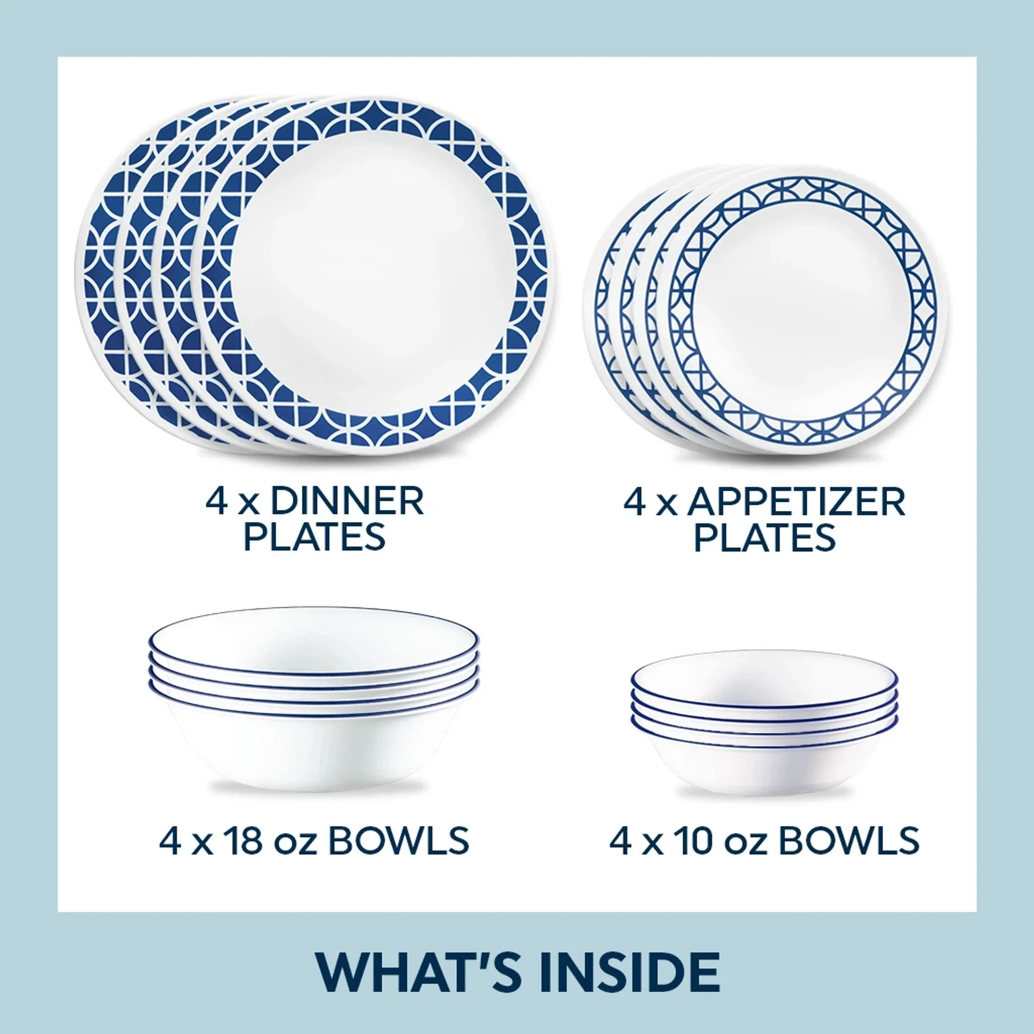 Corelle® Cobalt Circles 16-piece Mugless Dinnerware Set, Service for 4 - Image 2