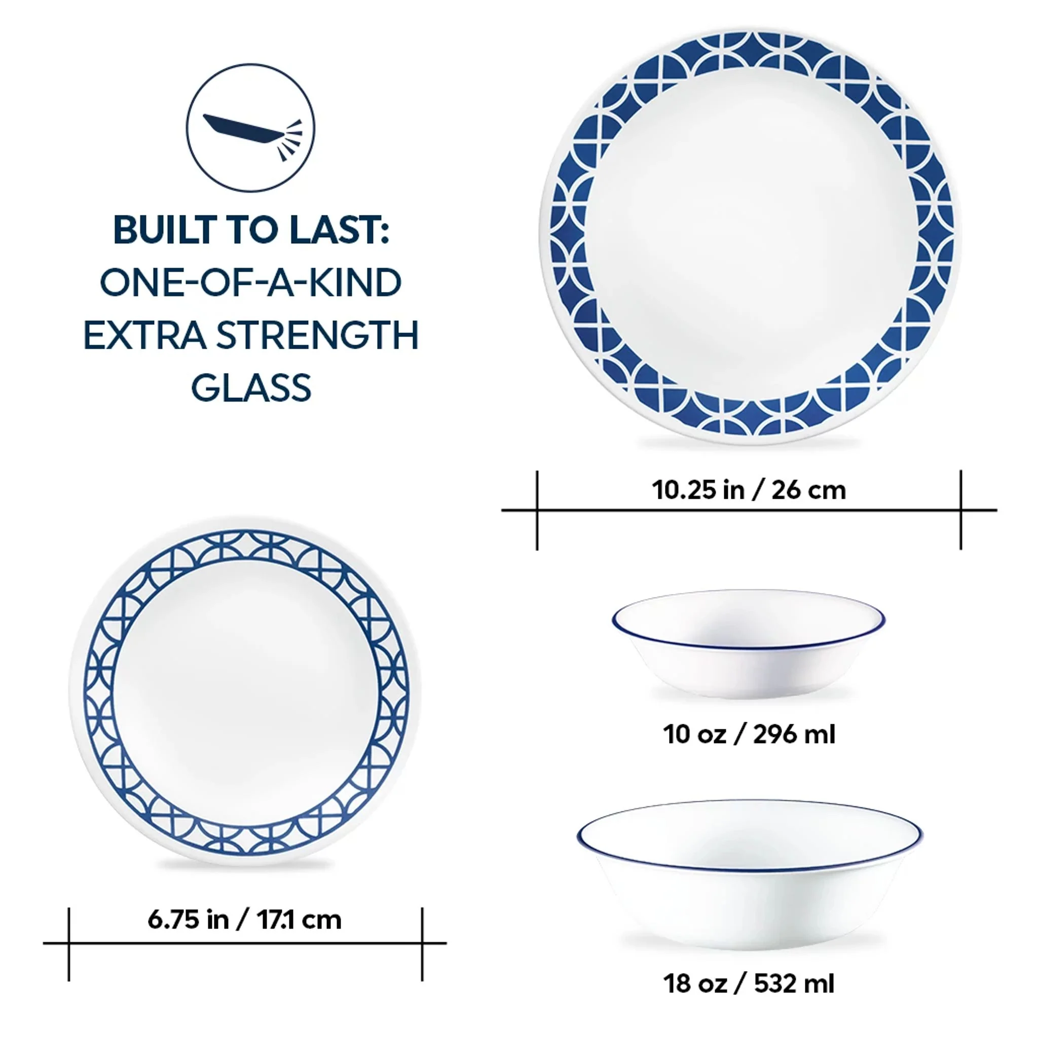 Corelle® Cobalt Circles 16-piece Mugless Dinnerware Set, Service for 4 - Image 3